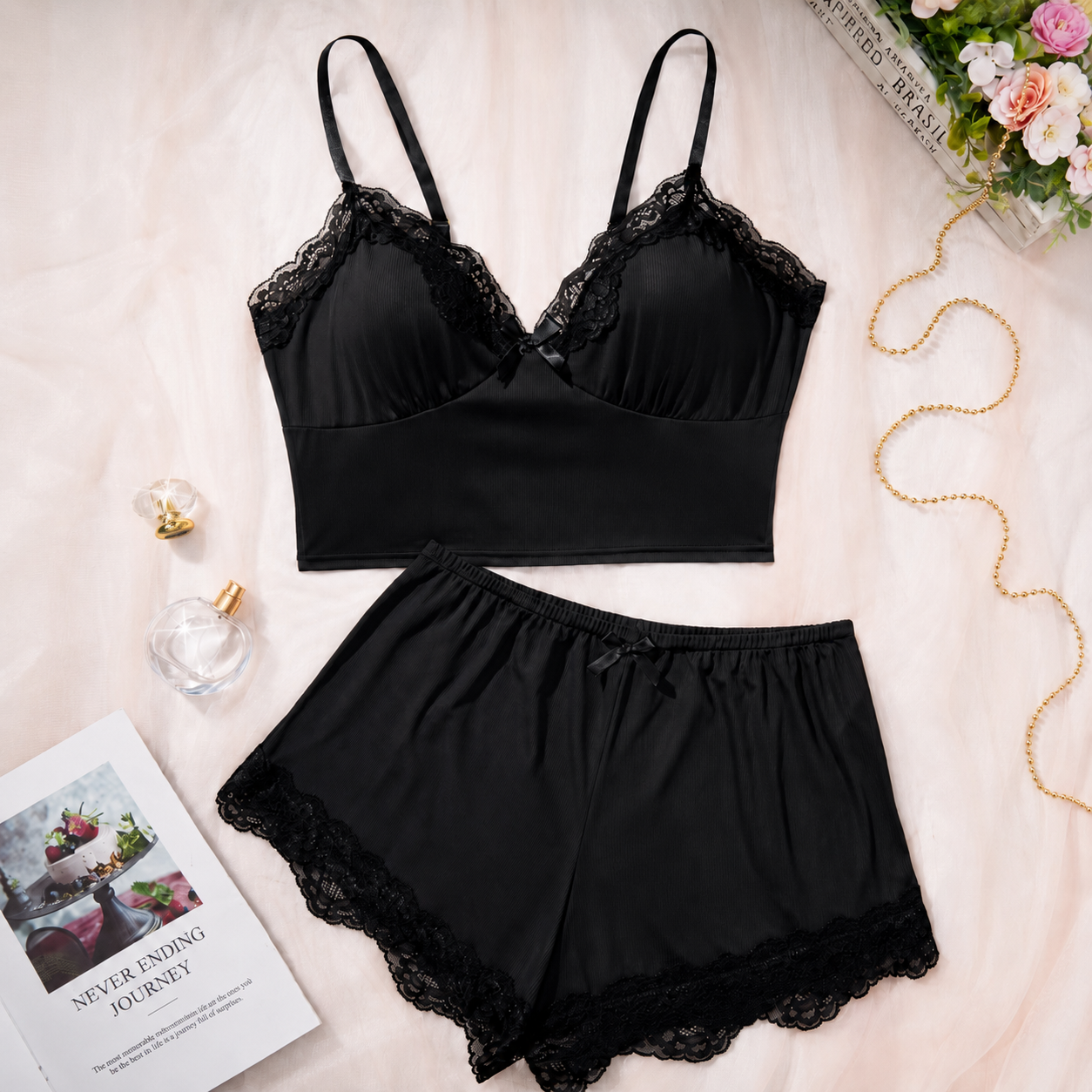 2 Pieces Floral Contrast Bow Top And Shorts Set For Women