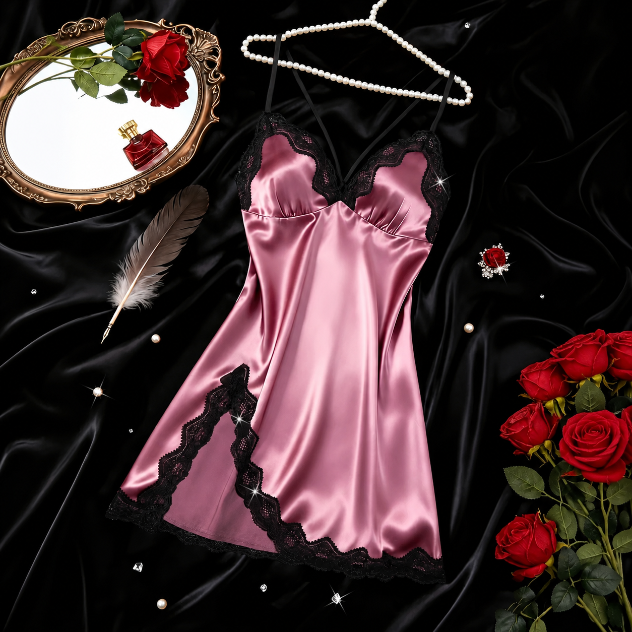 Lace Trim Crisscross Backless Side Split Slip Sleepwear Women Dress