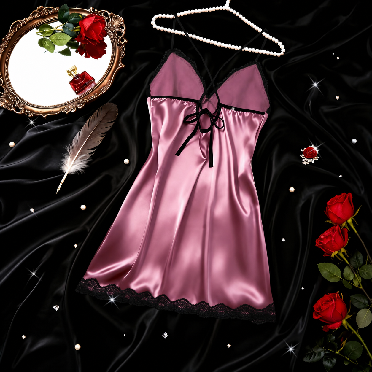 Lace Trim Crisscross Backless Side Split Slip Sleepwear Women Dress