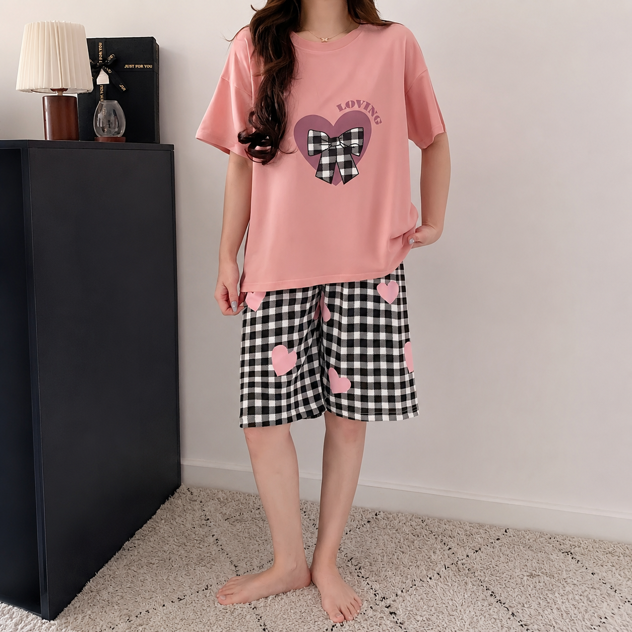 Letter And Bow Printed Two Piece Pajama Set
