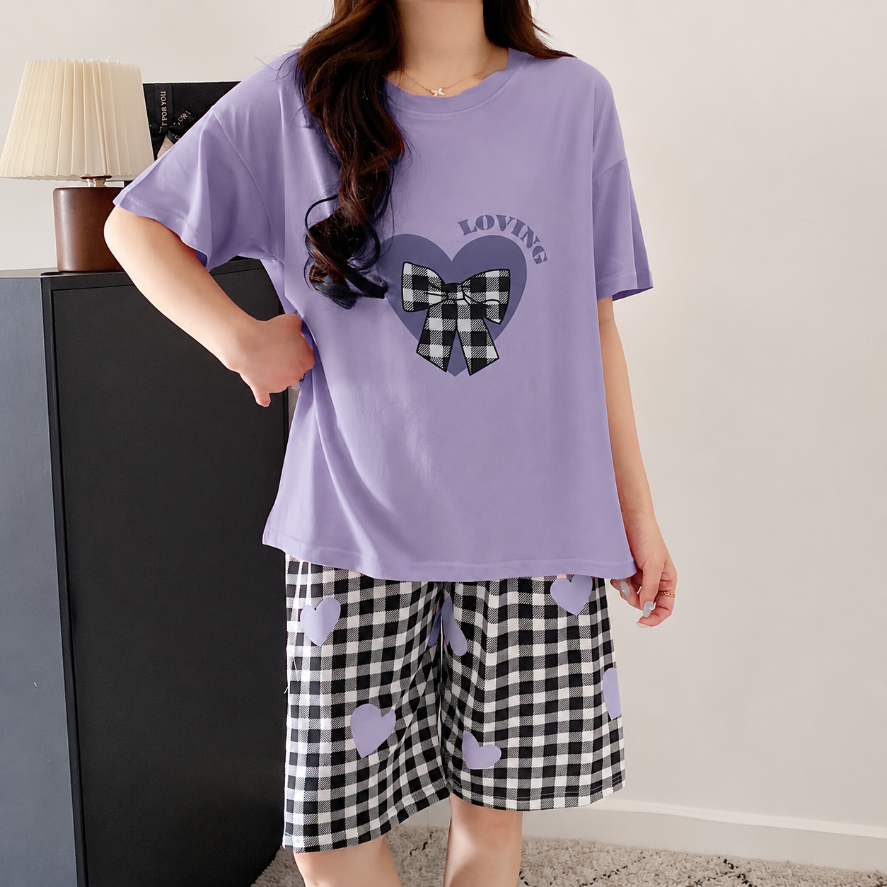 Letter And Bow Printed Two Piece Pajama Set
