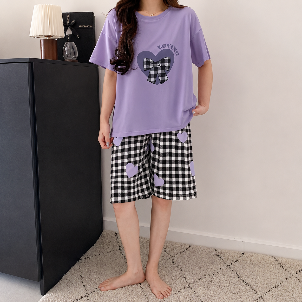 Letter And Bow Printed Two Piece Pajama Set
