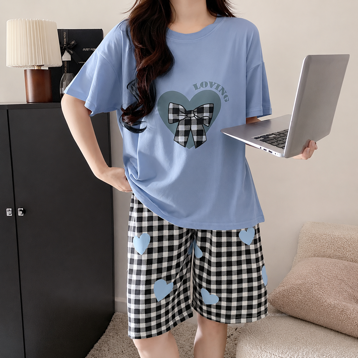 Letter And Bow Printed Two Piece Pajama Set