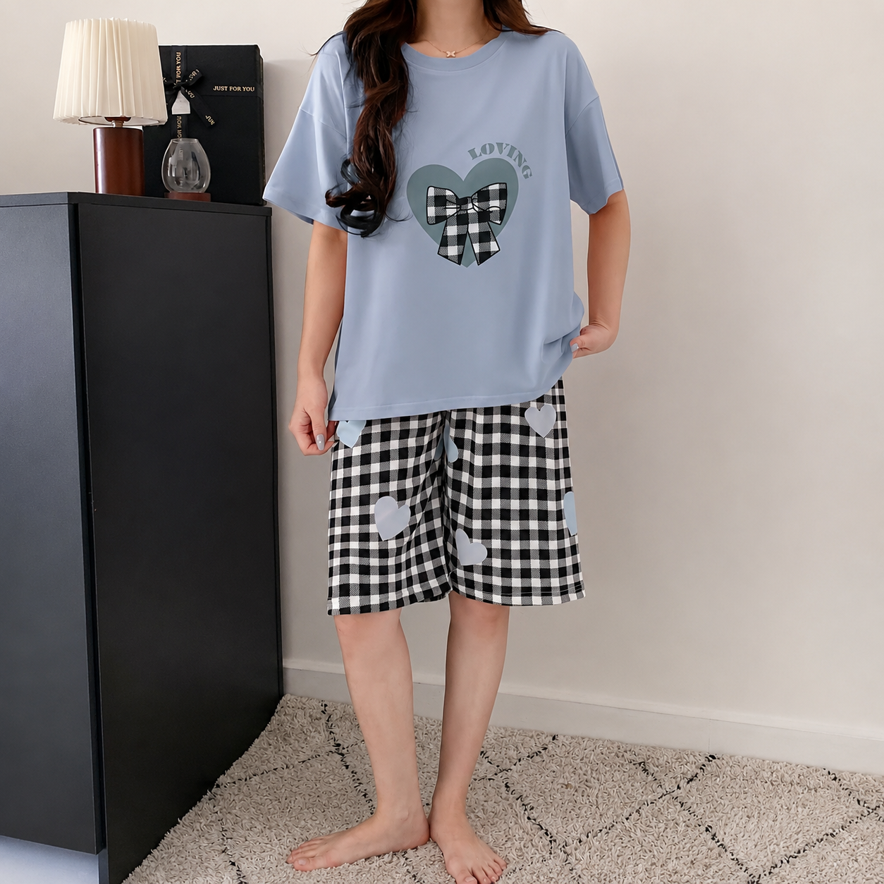 Letter And Bow Printed Two Piece Pajama Set