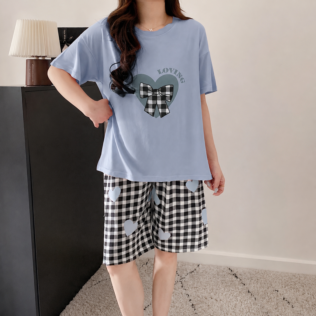 Letter And Bow Printed Two Piece Pajama Set
