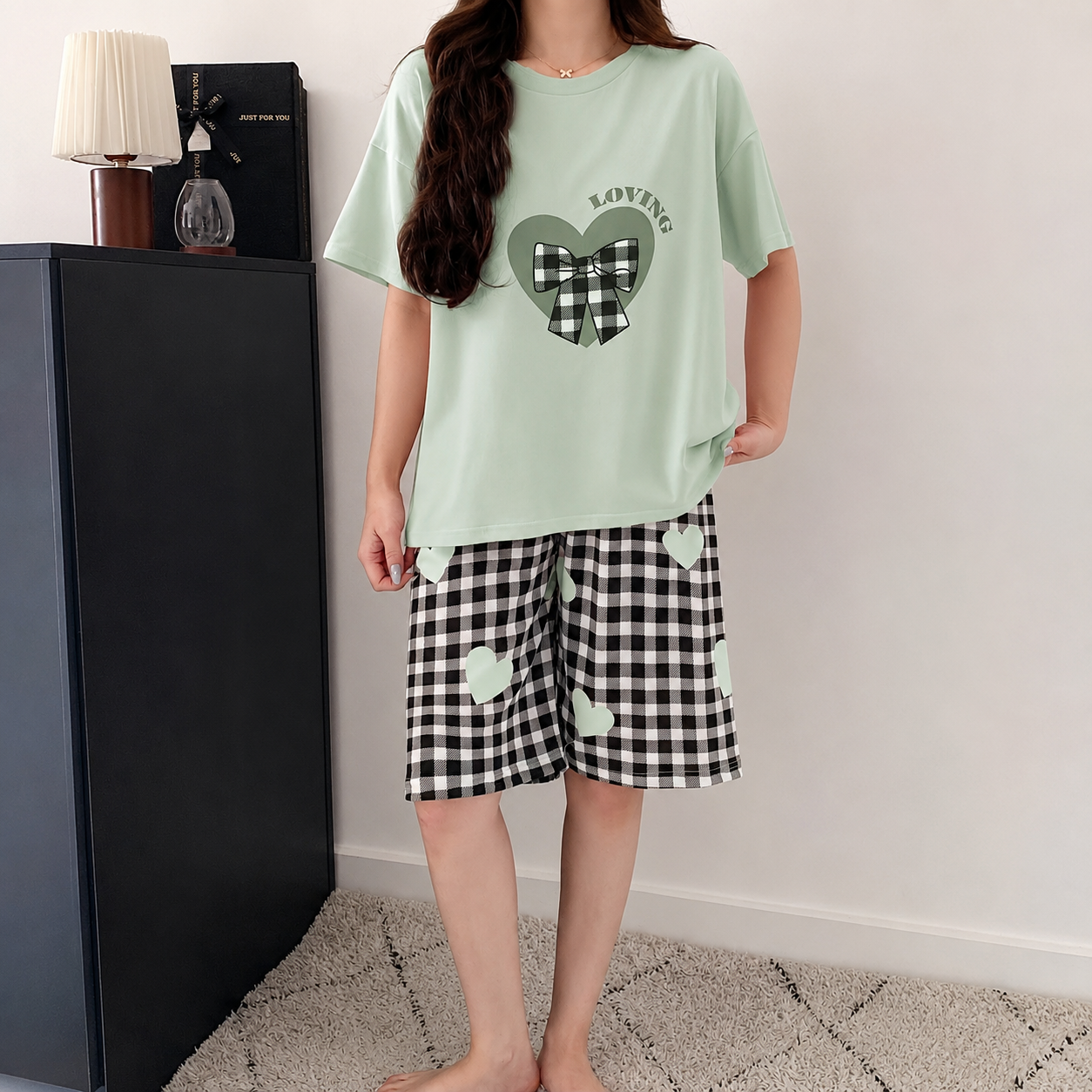 Letter And Bow Printed Two Piece Pajama Set