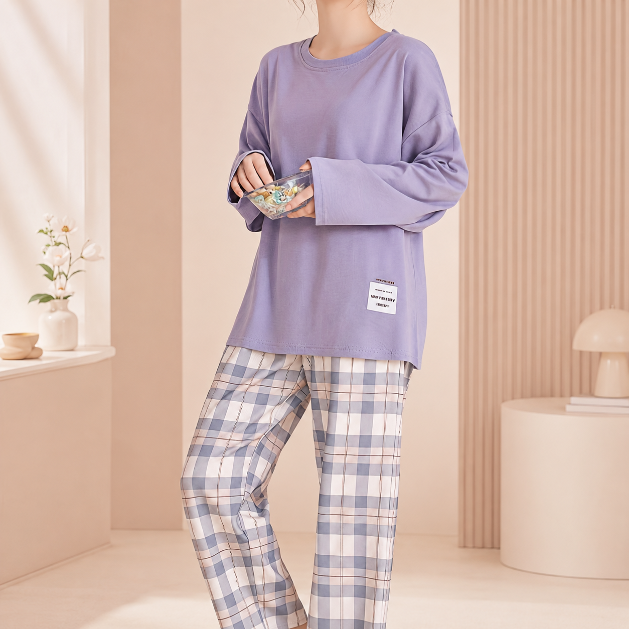 Comfortable Plaid Long Sleeve Pajama Set For Women