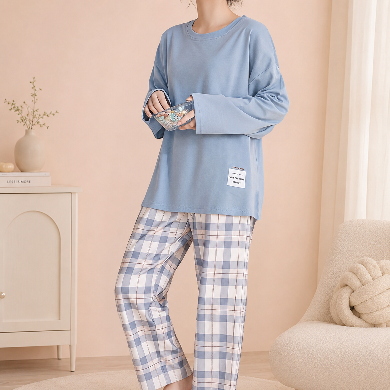 Comfortable Plaid Long Sleeve Pajama Set For Women