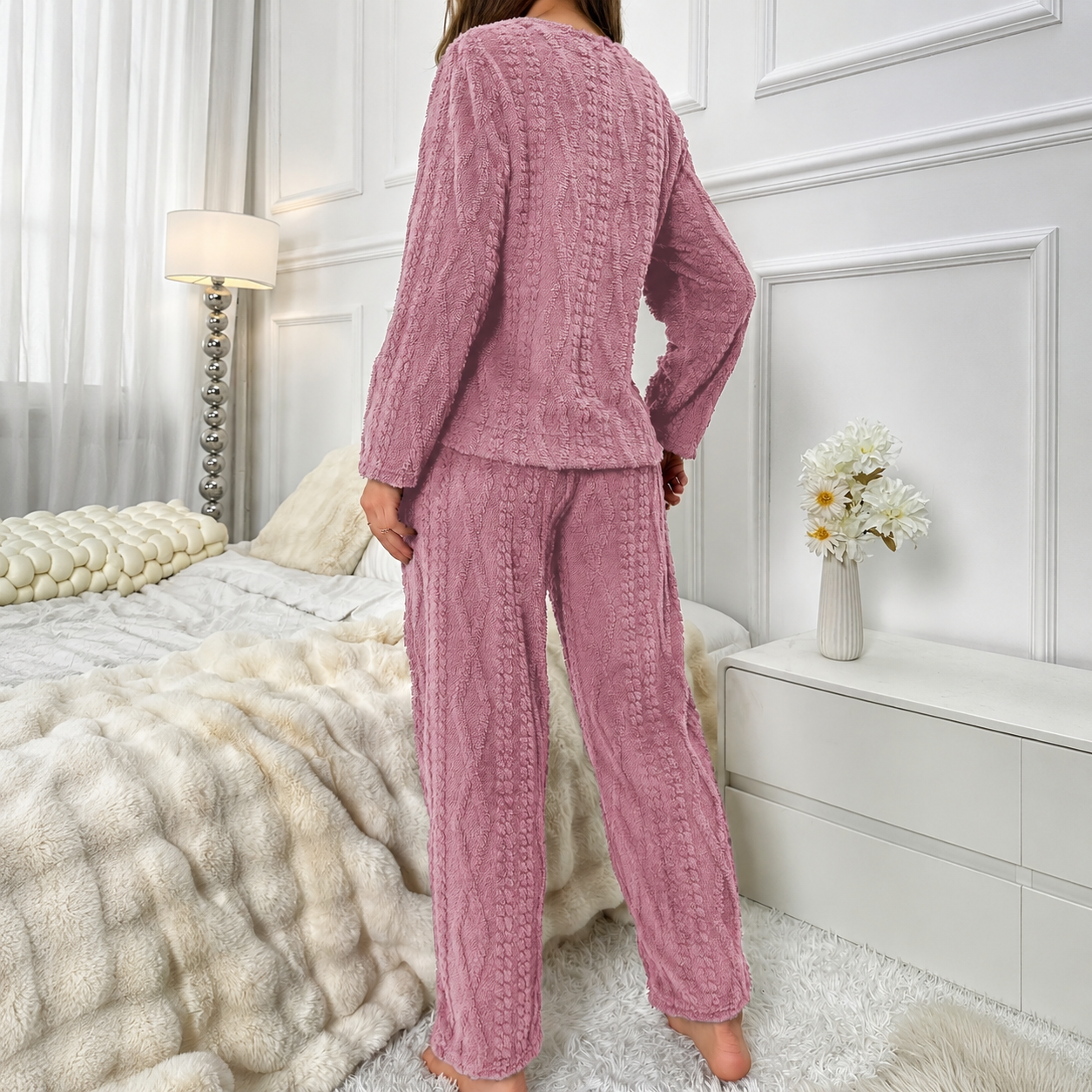 Embroidered Jacquard Bear Long Sleeve Top And Pant Set