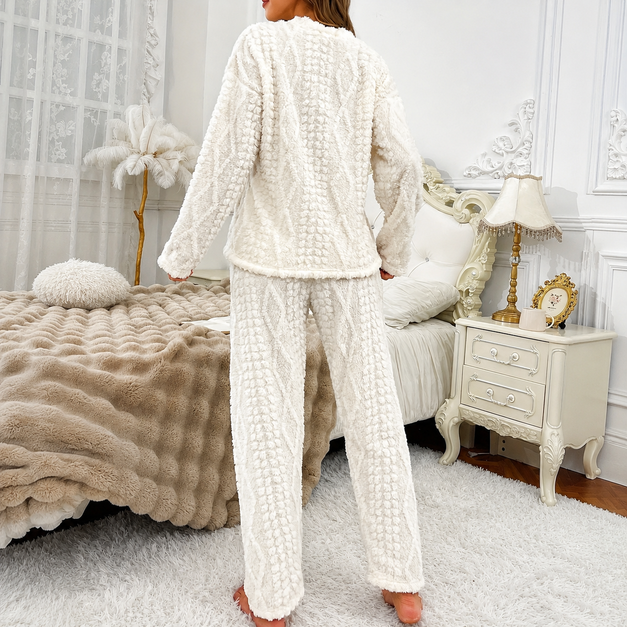 Embroidered Jacquard Bear Long Sleeve Top And Pant Set