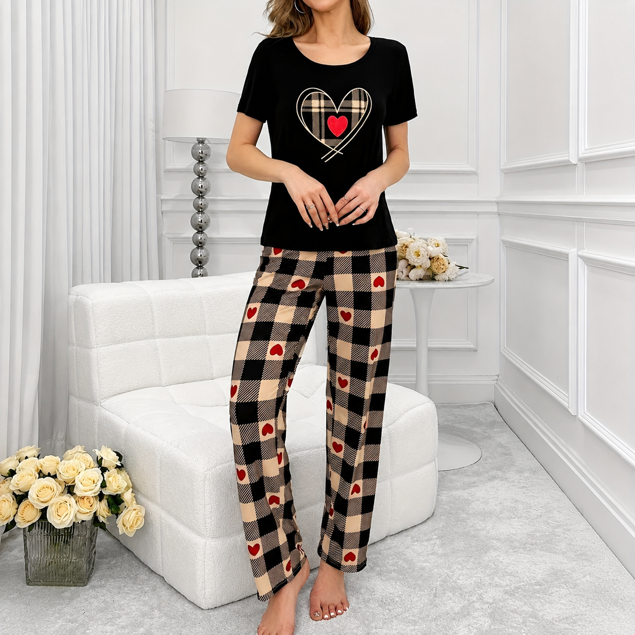 Cordate Printed Top And Loose Pants Set For Women
