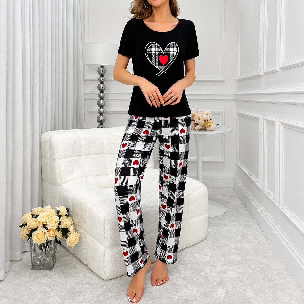 Cordate Printed Top And Loose Pants Set For Women