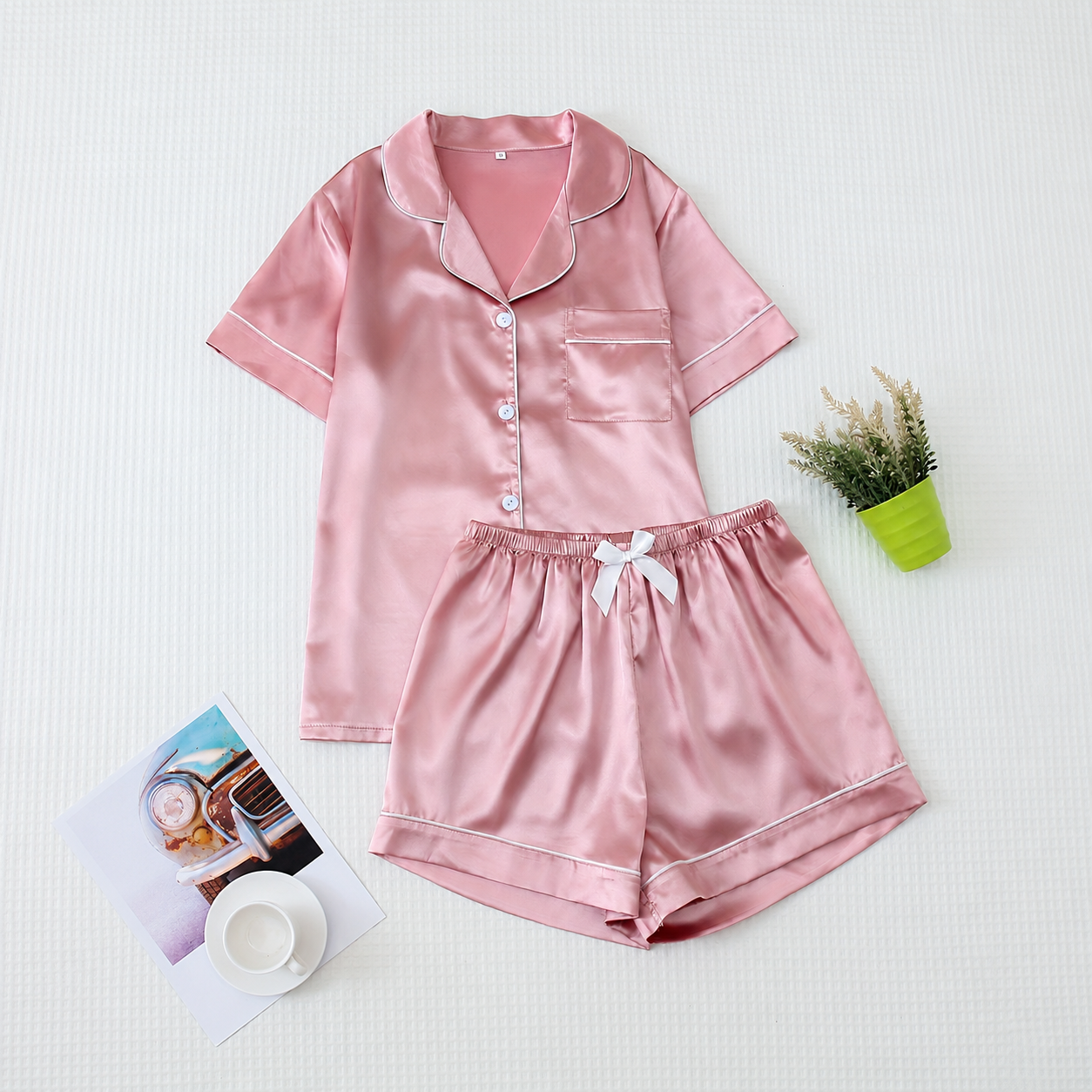 Casual Button Up Top And Shorts Sleepwear Set For Women
