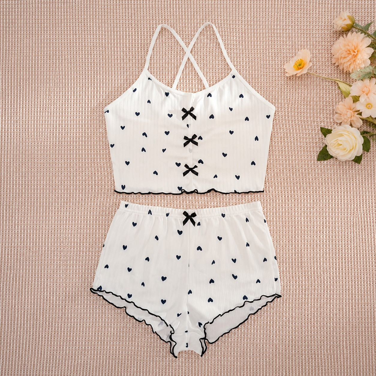 Printed Ruffle Trim Sleeveless Pajama Set For Women