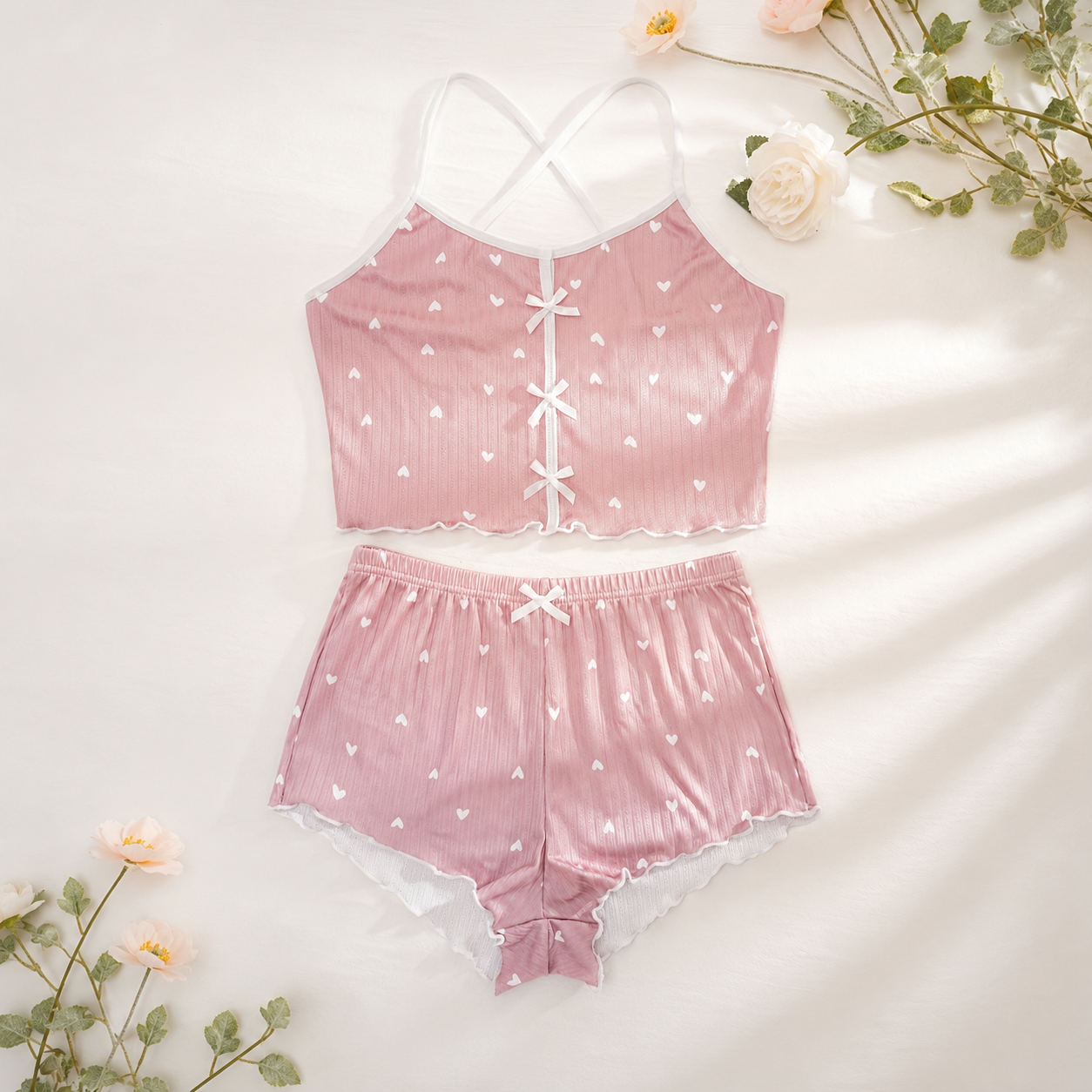 Printed Ruffle Trim Sleeveless Pajama Set For Women