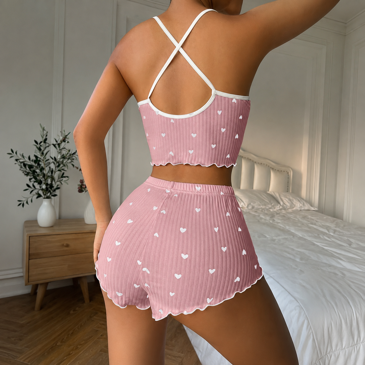 Printed Ruffle Trim Sleeveless Pajama Set For Women