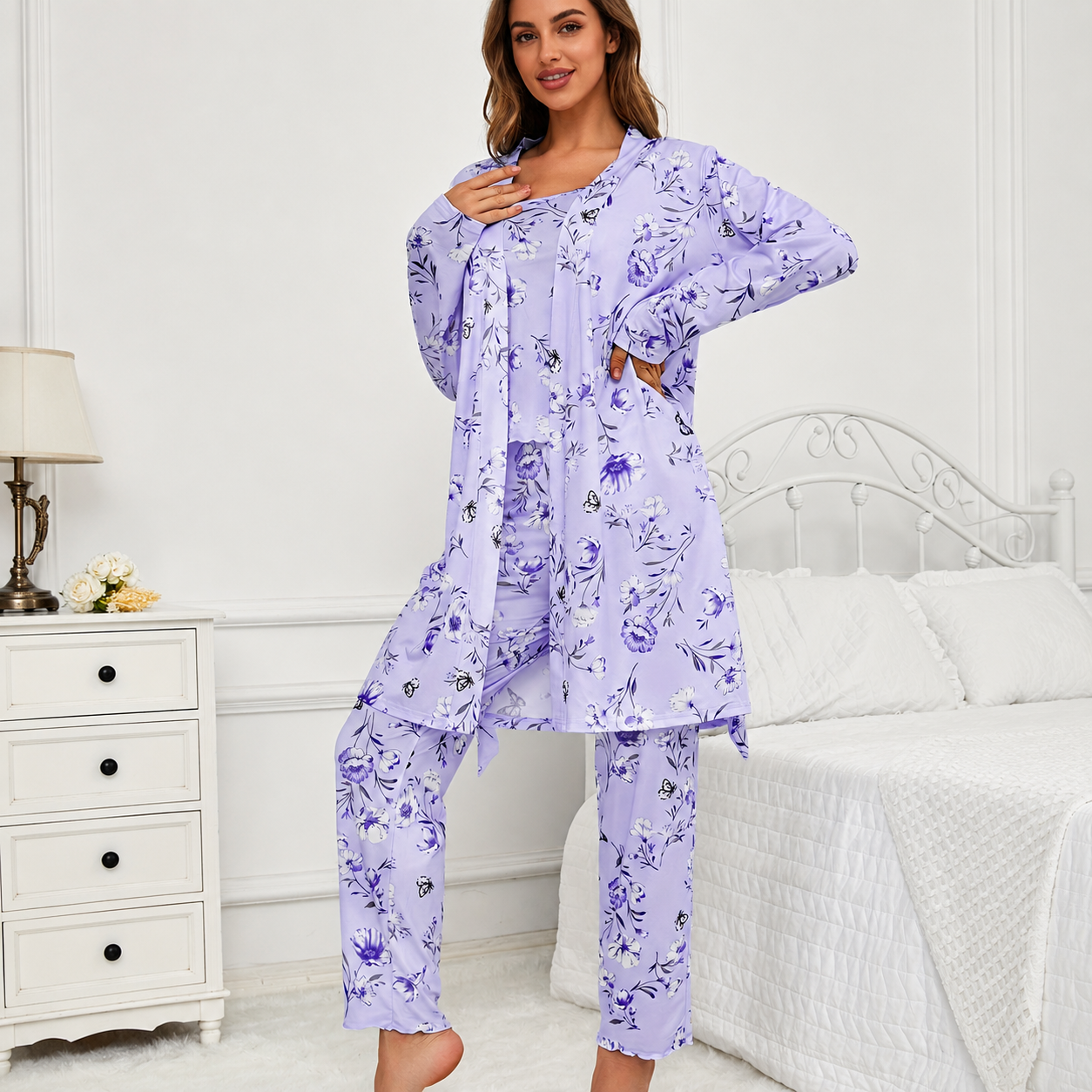 Three Piece Knit Pajama Set With Long Sleeve Belted Robe