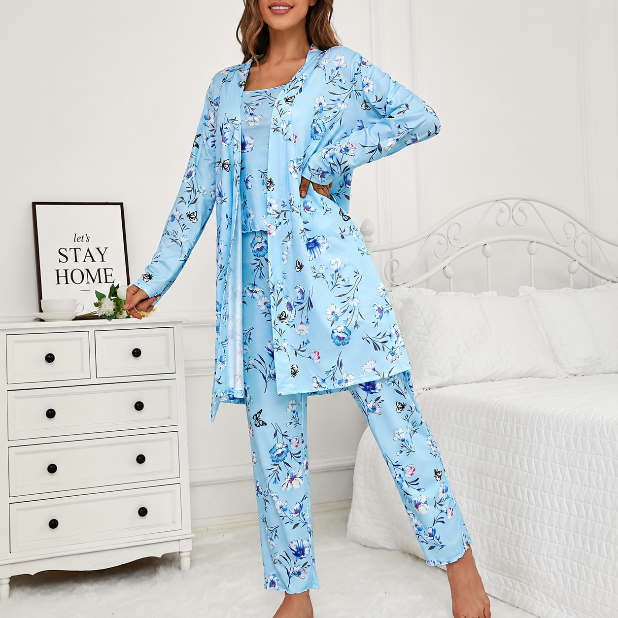 Three Piece Knit Pajama Set With Long Sleeve Belted Robe