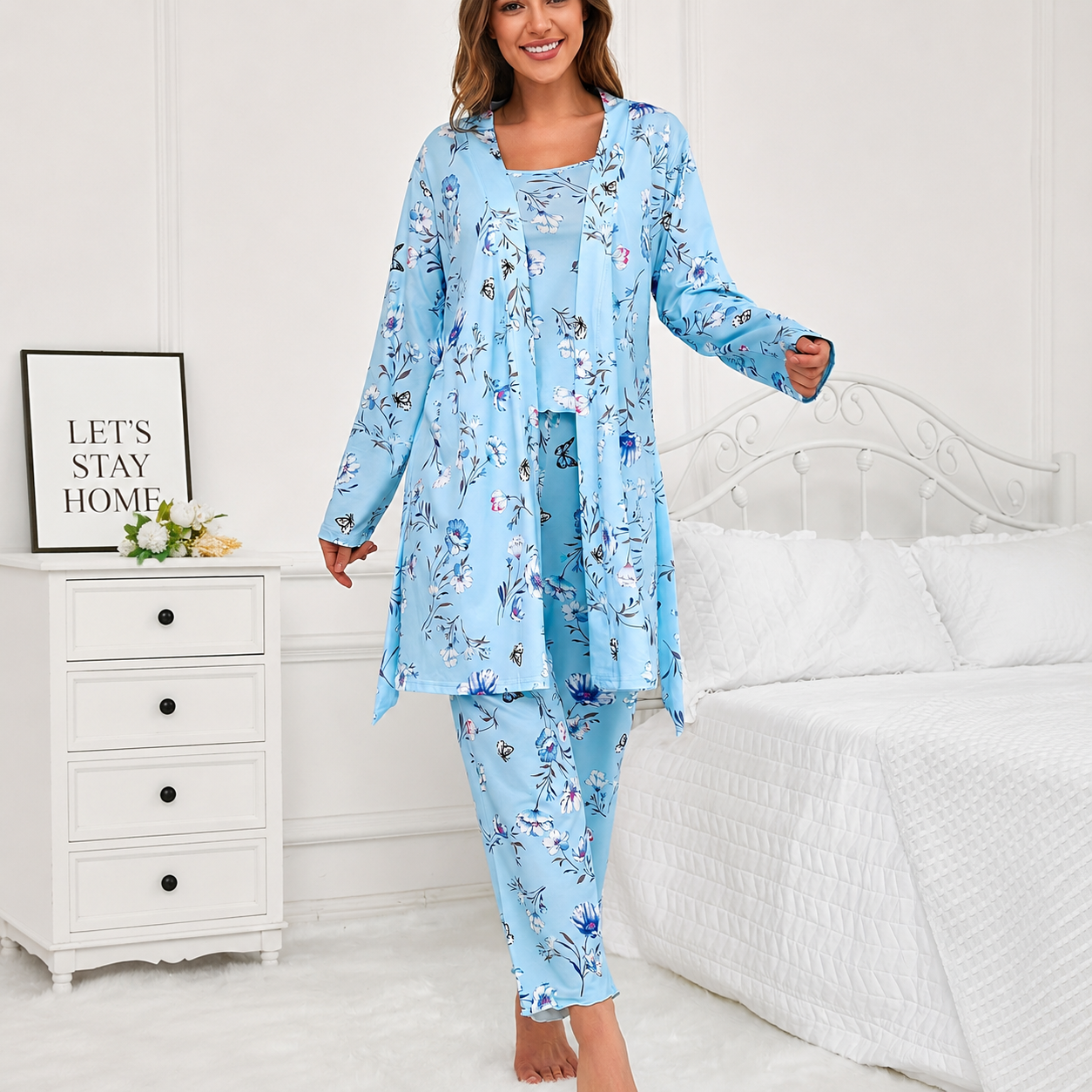 Three Piece Knit Pajama Set With Long Sleeve Belted Robe