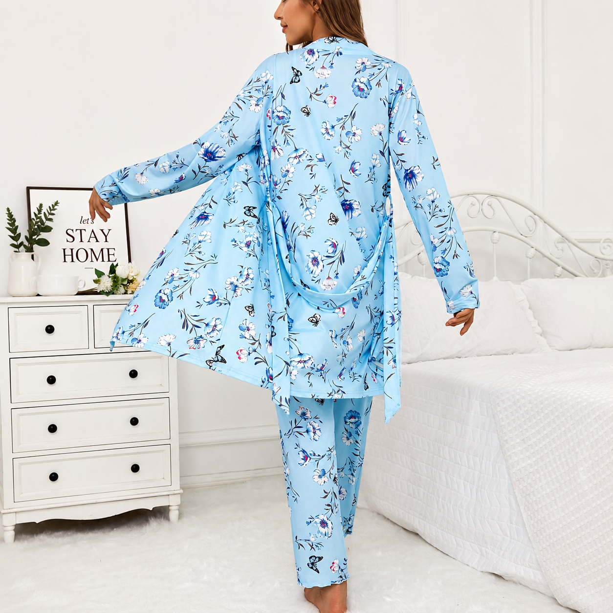 Three Piece Knit Pajama Set With Long Sleeve Belted Robe
