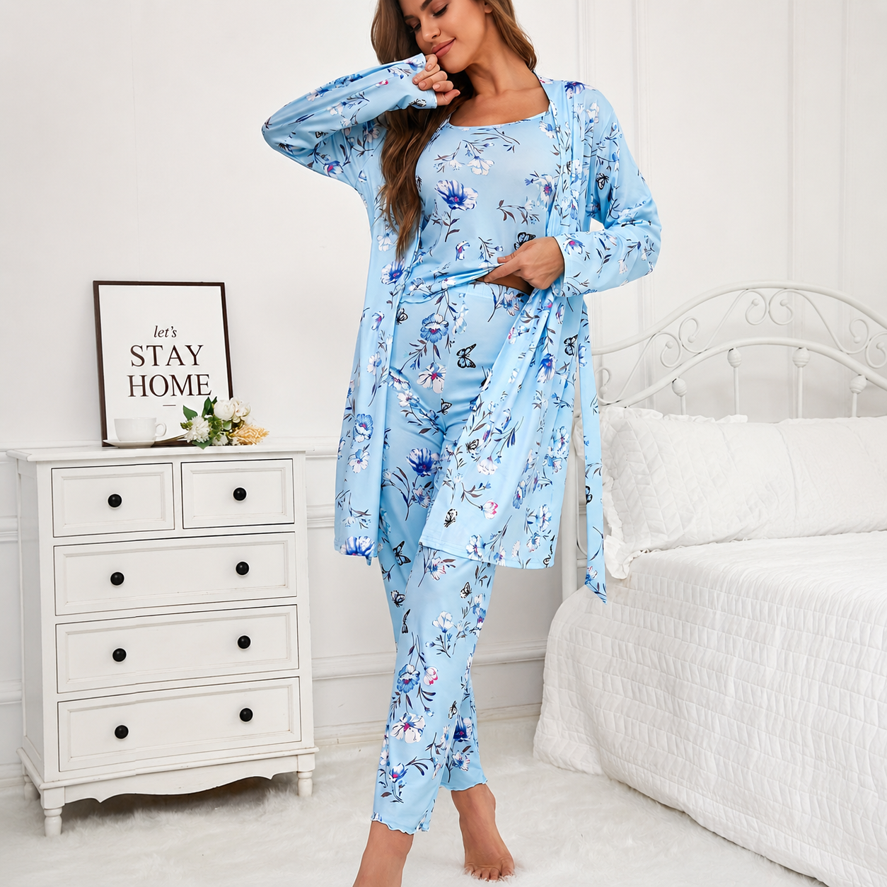 Three Piece Knit Pajama Set With Long Sleeve Belted Robe