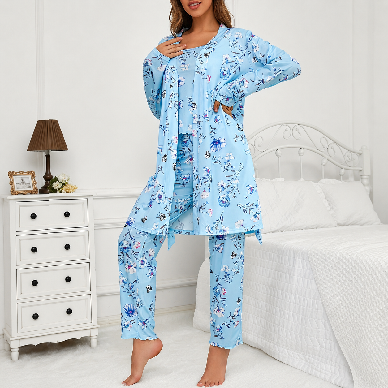 Three Piece Knit Pajama Set With Long Sleeve Belted Robe