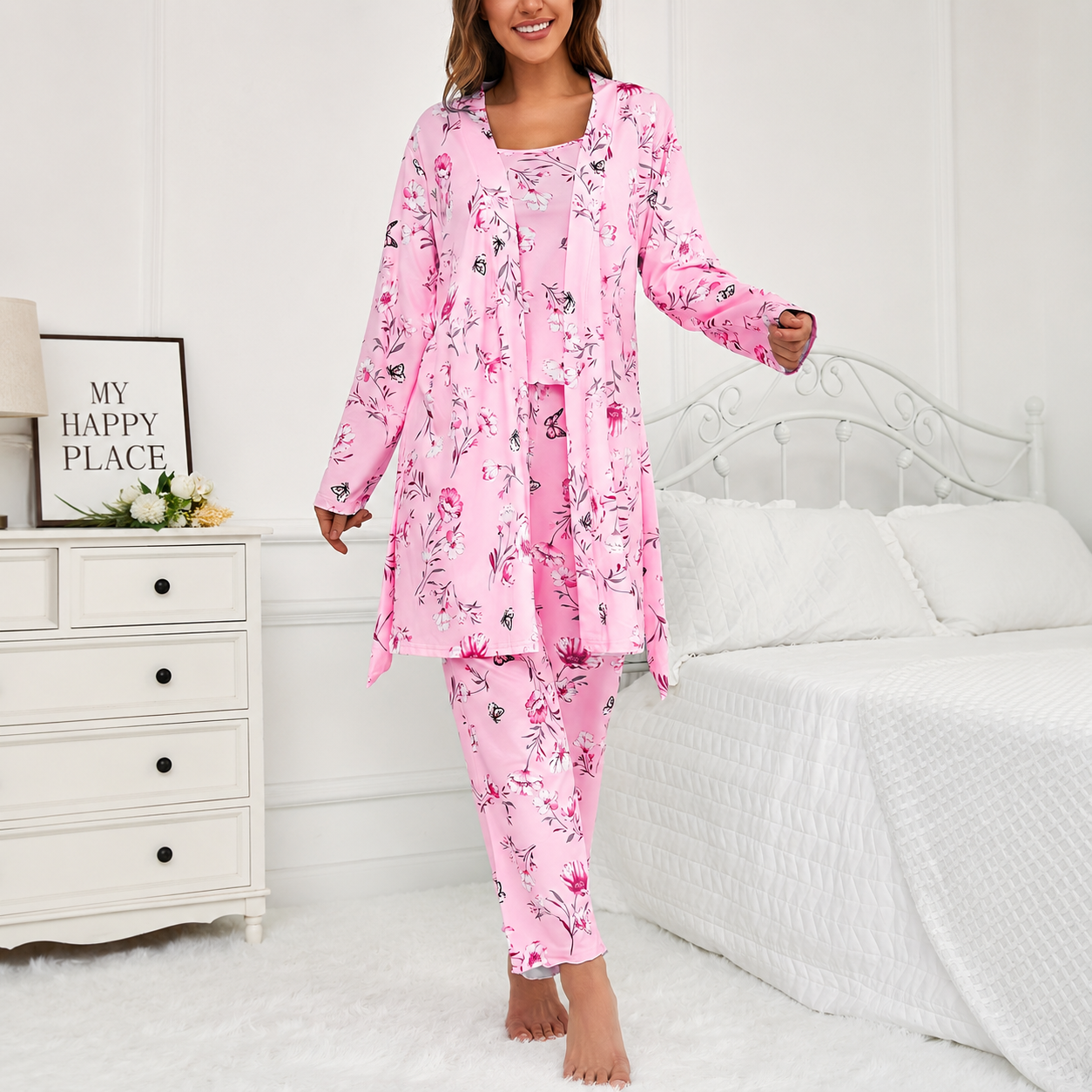 Three Piece Knit Pajama Set With Long Sleeve Belted Robe