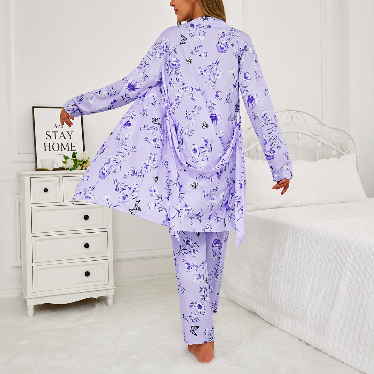 Three Piece Knit Pajama Set With Long Sleeve Belted Robe