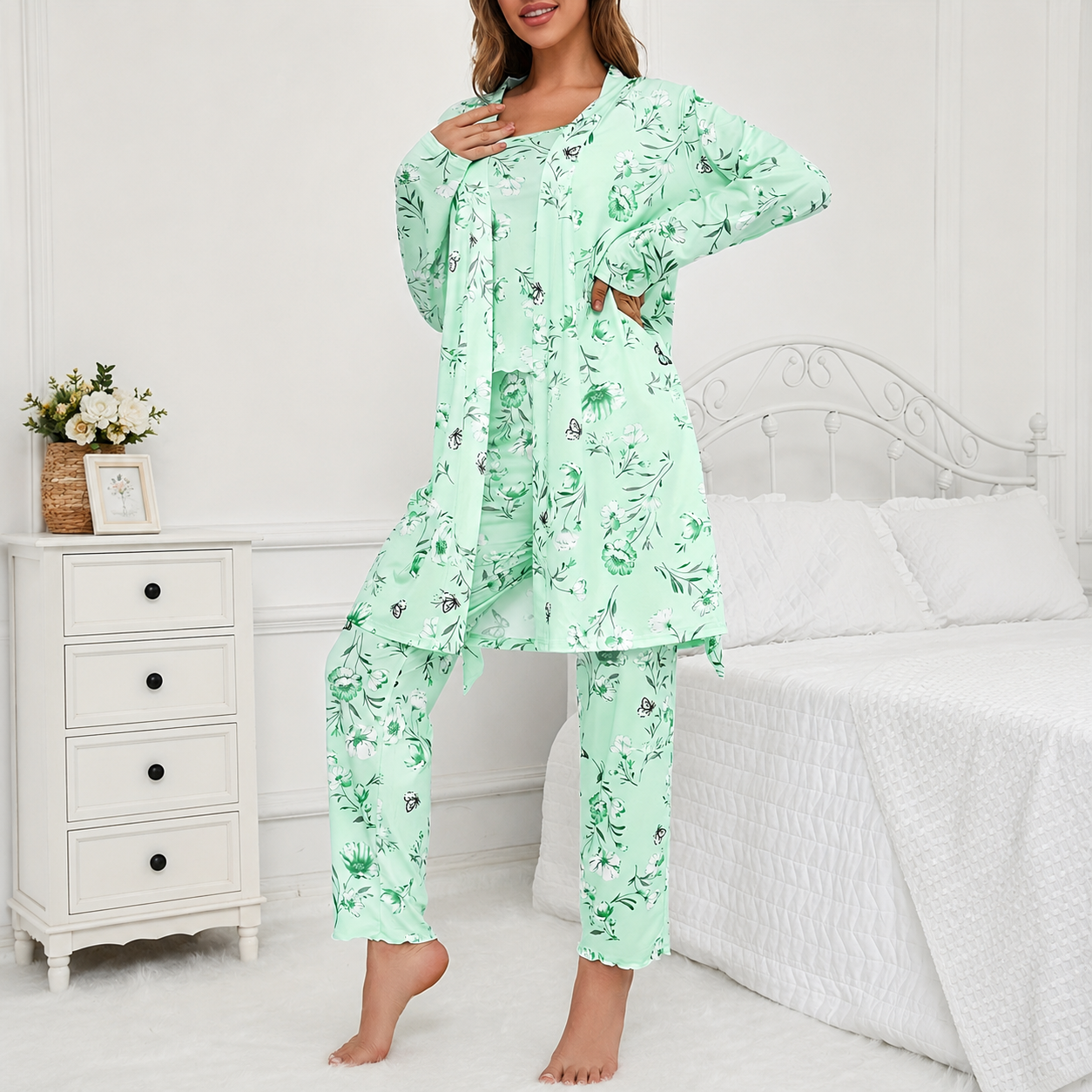 Three Piece Knit Pajama Set With Long Sleeve Belted Robe