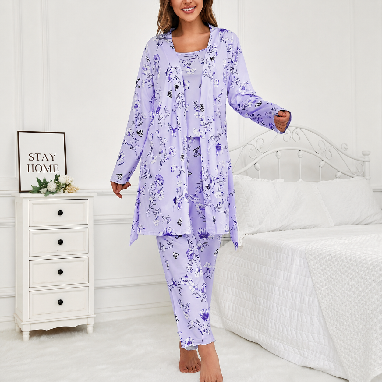 Three Piece Knit Pajama Set With Long Sleeve Belted Robe