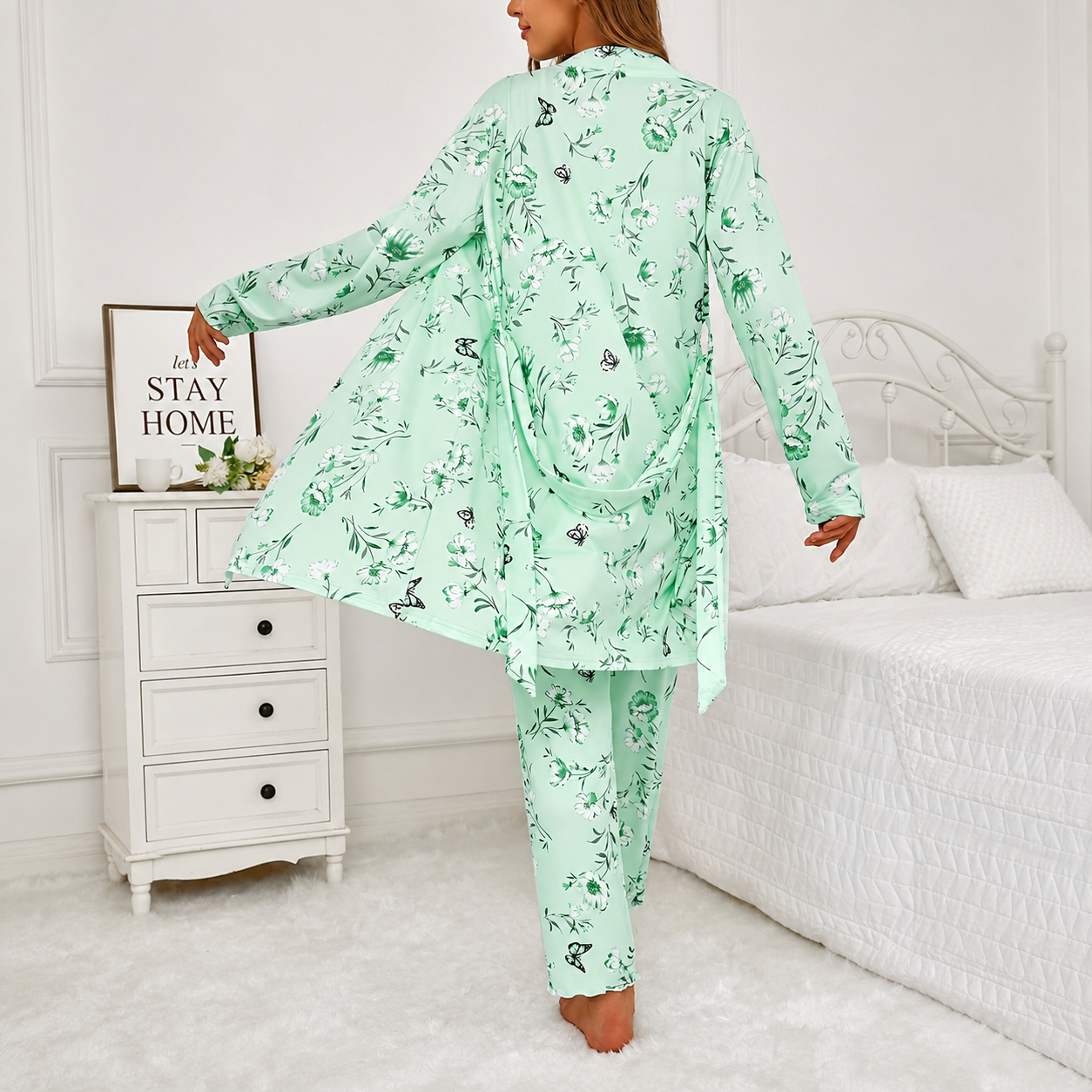 Three Piece Knit Pajama Set With Long Sleeve Belted Robe
