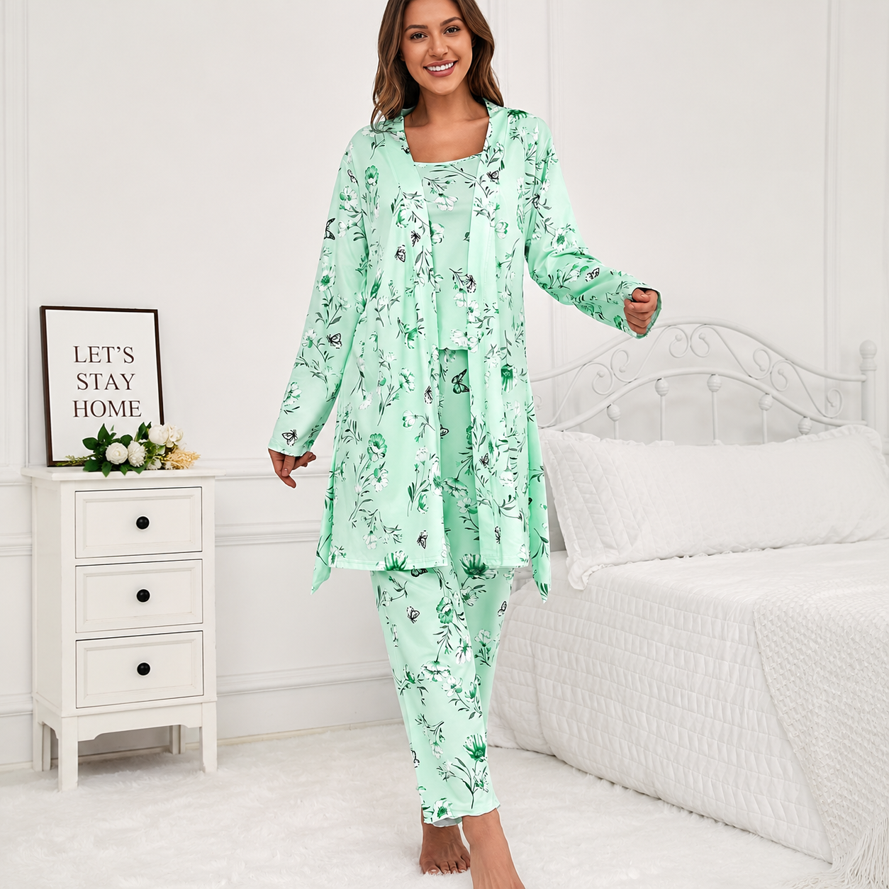 Three Piece Knit Pajama Set With Long Sleeve Belted Robe