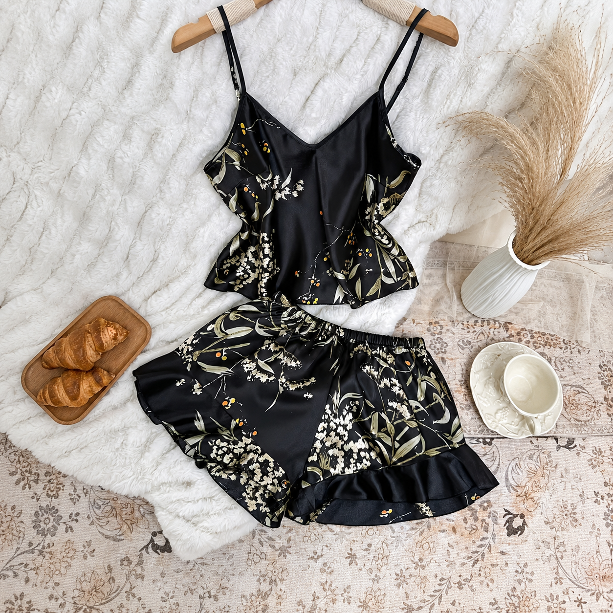2 Pieces Cherry Print Camisole With Ruffle Shorts Sleepwear Set For Women