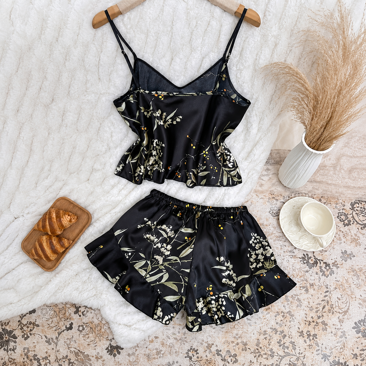 2 Pieces Cherry Print Camisole With Ruffle Shorts Sleepwear Set For Women