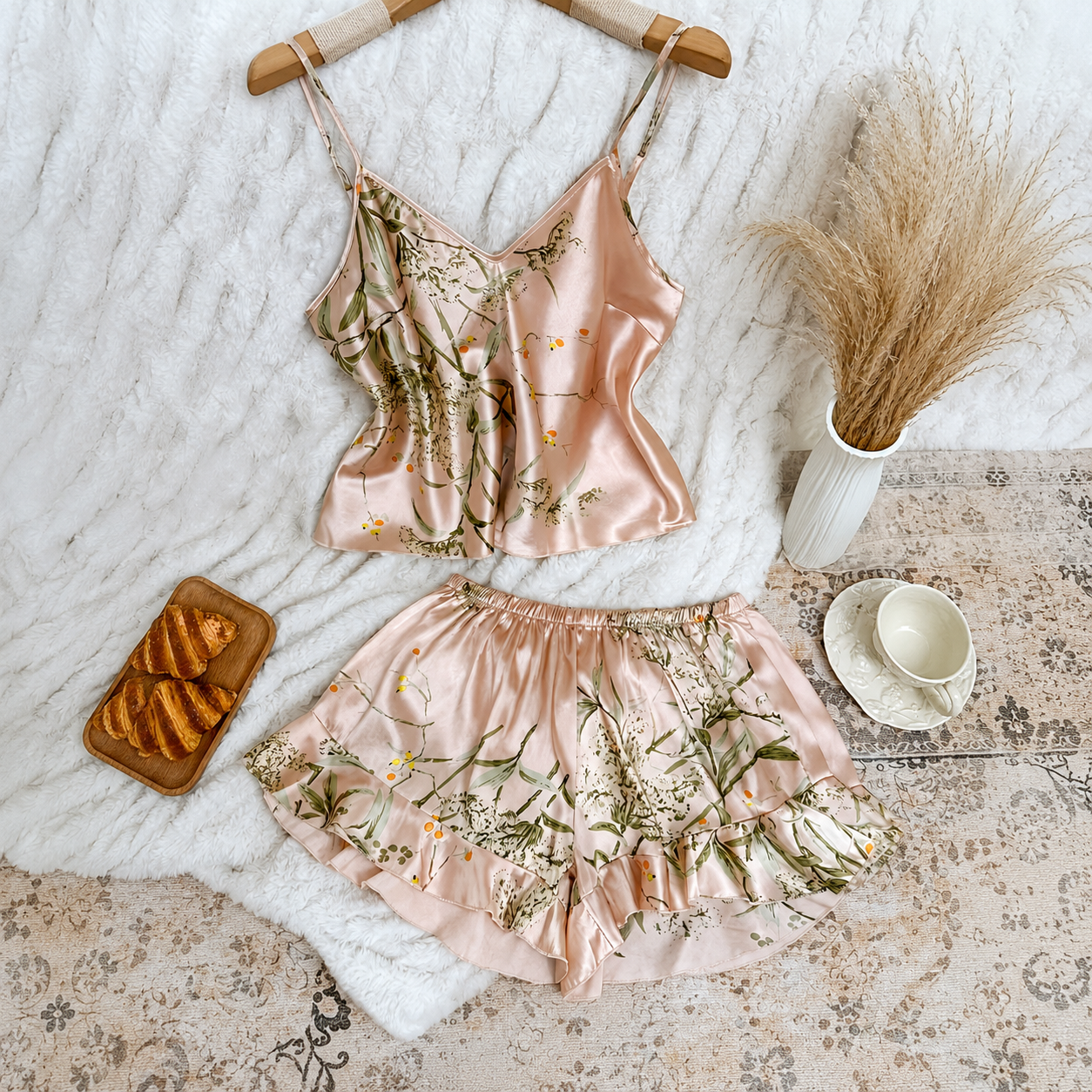 2 Pieces Cherry Print Camisole With Ruffle Shorts Sleepwear Set For Women