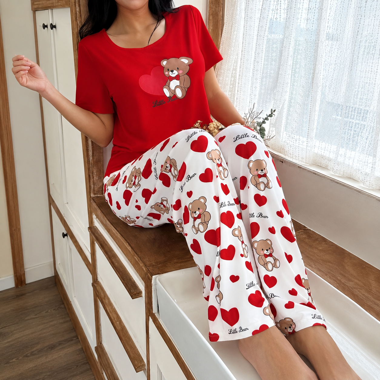  Bear Print Casual Short Sleeve And Long Pants Women Shorts Set