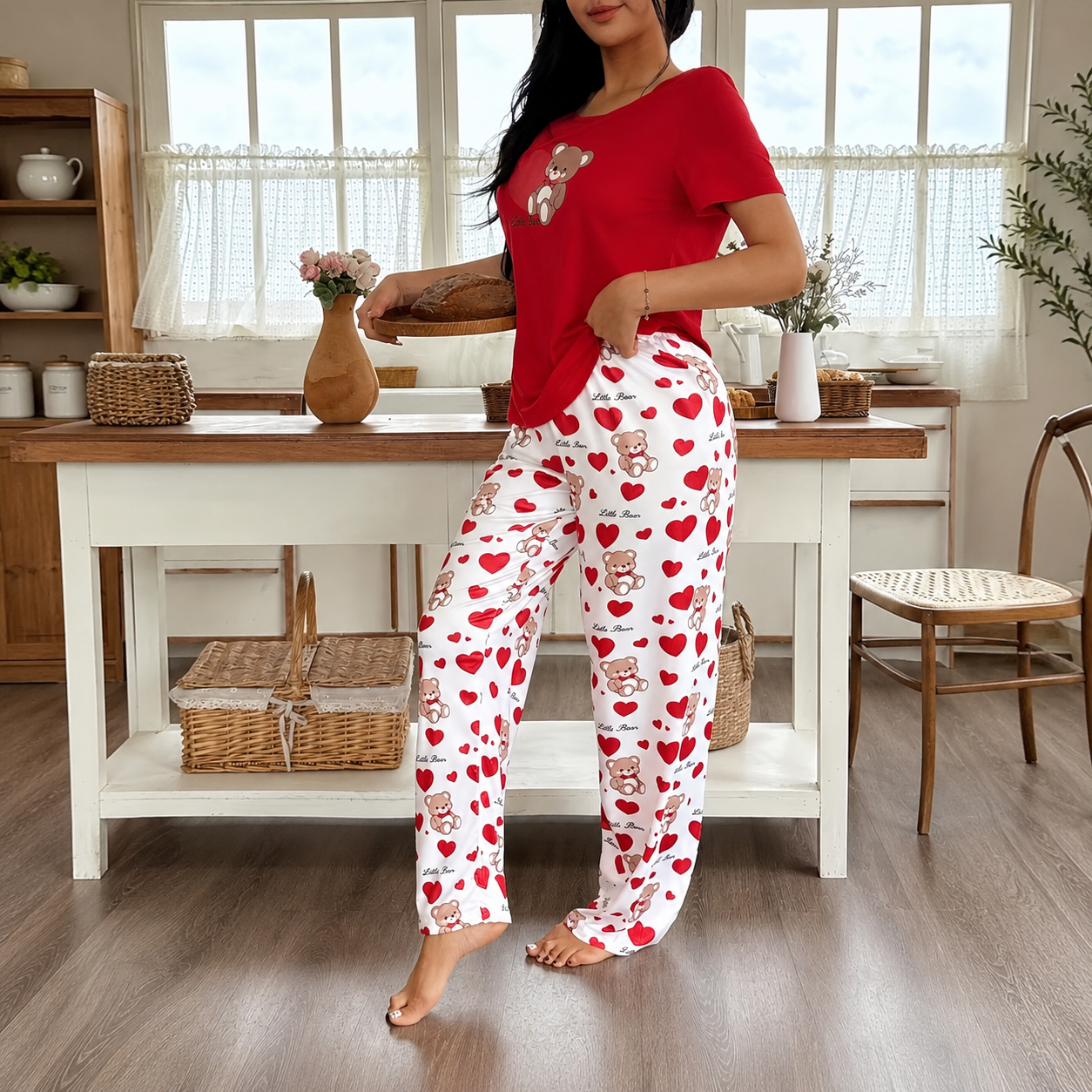  Bear Print Casual Short Sleeve And Long Pants Women Shorts Set
