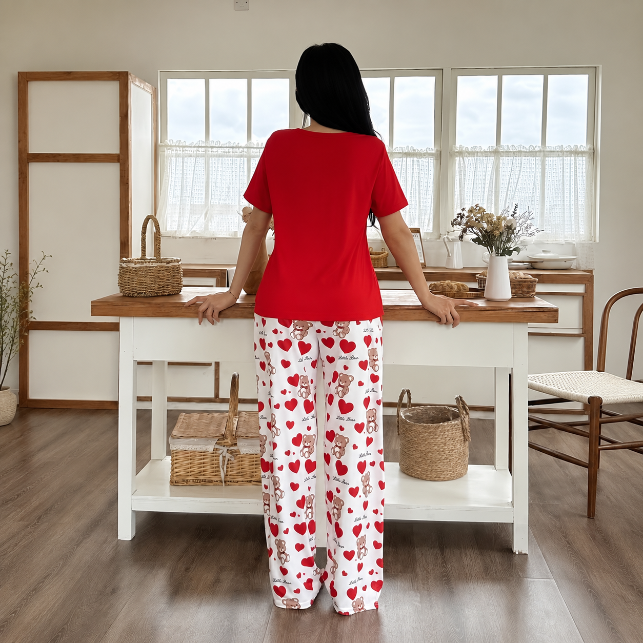  Bear Print Casual Short Sleeve And Long Pants Women Shorts Set