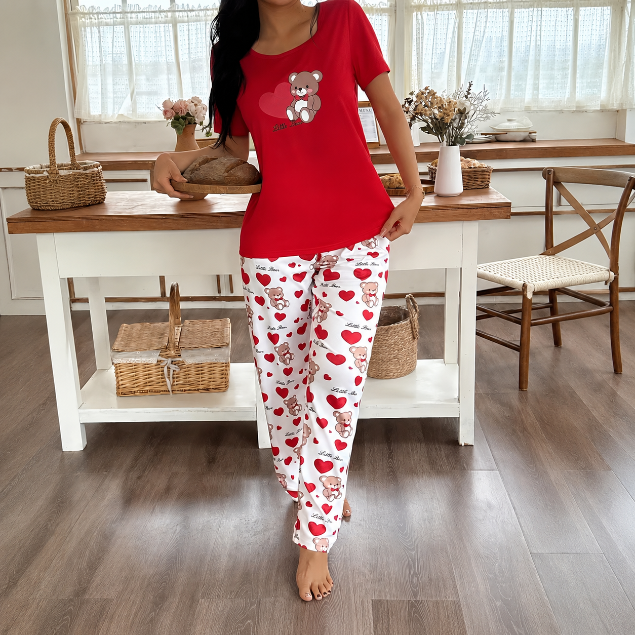  Bear Print Casual Short Sleeve And Long Pants Women Shorts Set