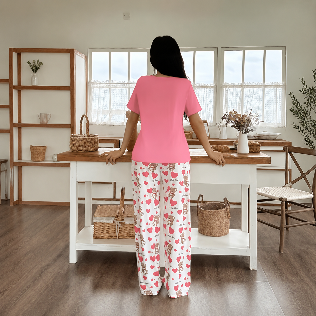  Bear Print Casual Short Sleeve And Long Pants Women Shorts Set