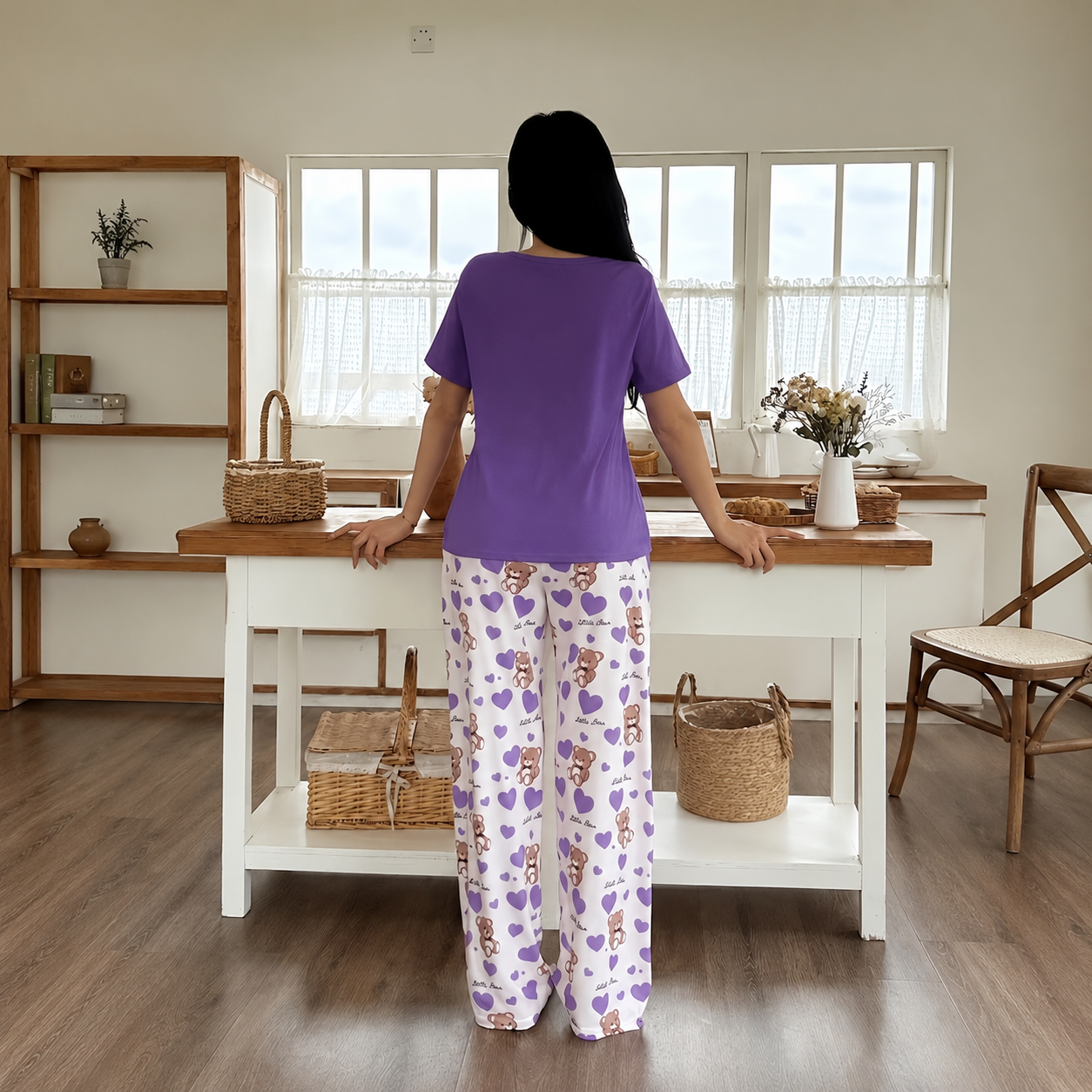  Bear Print Casual Short Sleeve And Long Pants Women Shorts Set