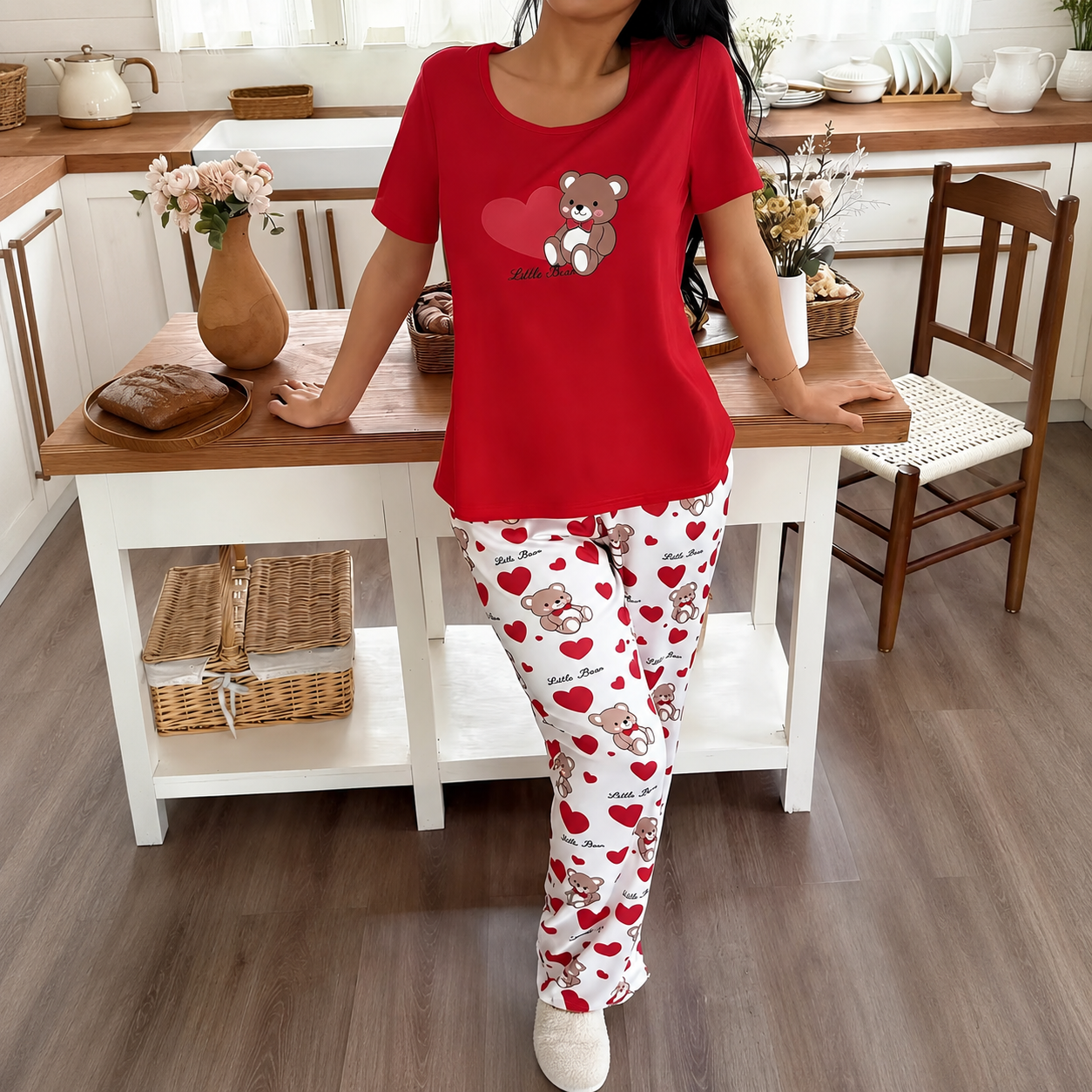  Bear Print Casual Short Sleeve And Long Pants Women Shorts Set