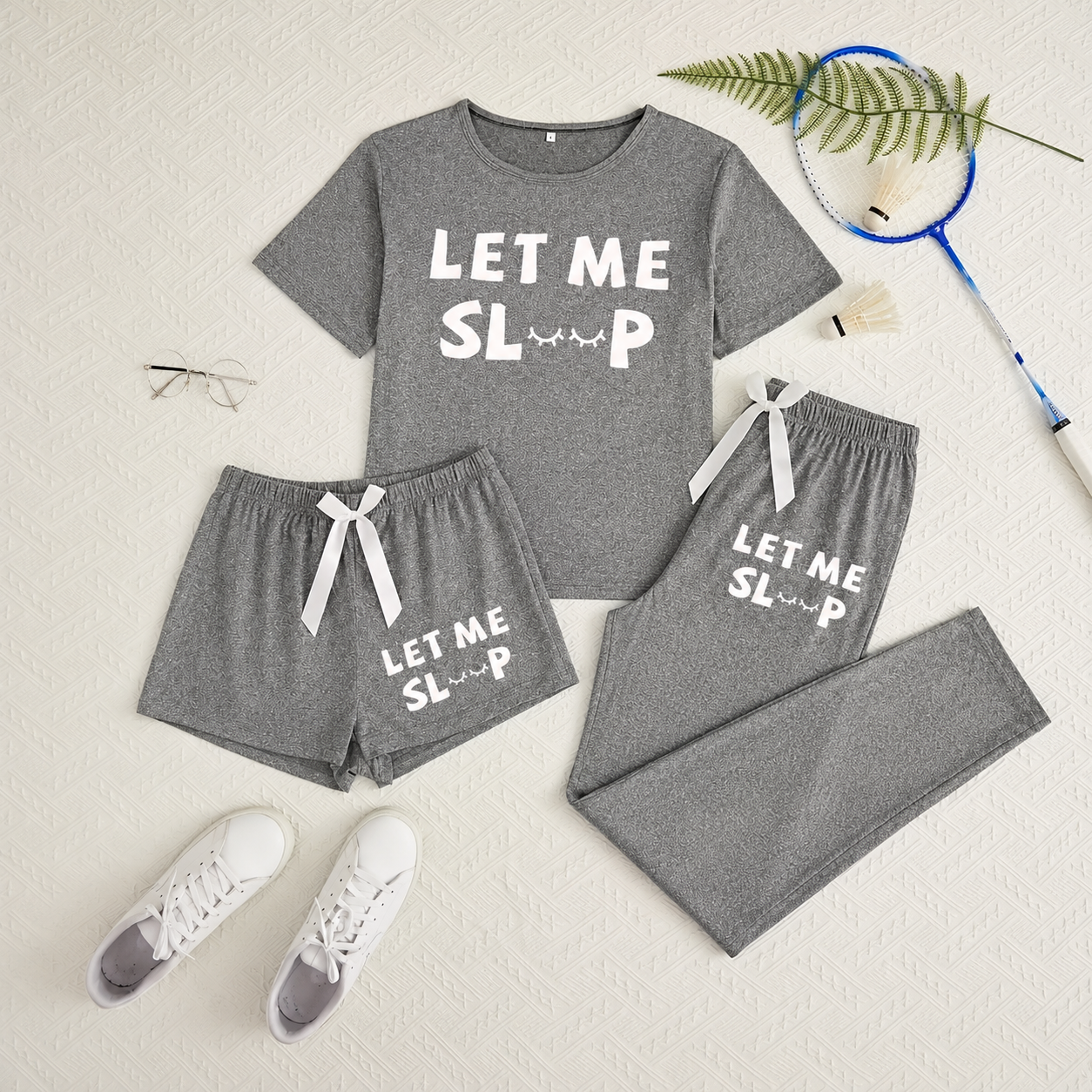 Casual Let Me Sleep Print Short Sleeves Top Casual Pants And Shorts Loungewear Set For Women