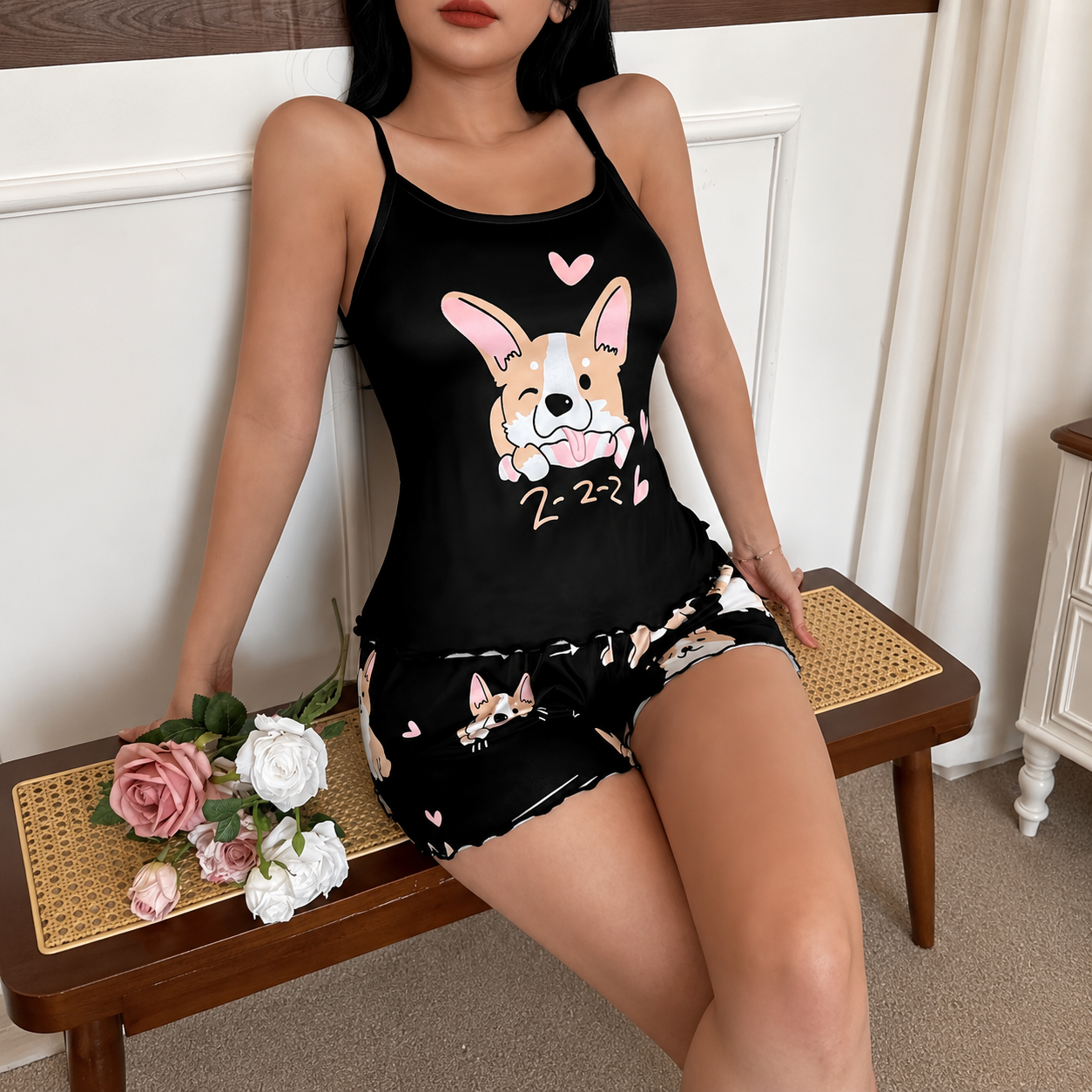 Dog Pattern Bow Decoration Tank Top And Shorts Set For Women