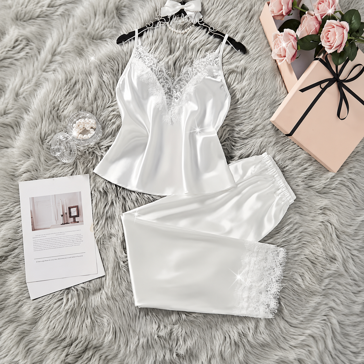 2 Pieces Spaghetti Strap Contrast Lace Cami Top And Elastic Pants Pajama Set For Women