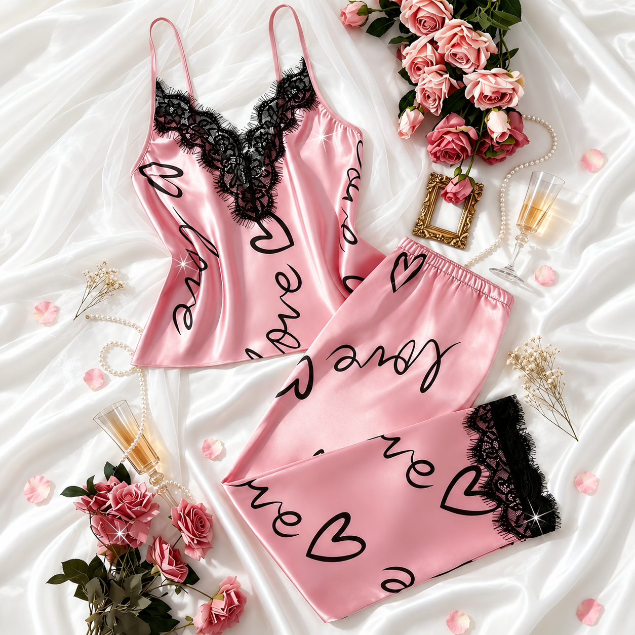 2 Pieces Spaghetti Strap Contrast Lace Cami Top And Elastic Pants Pajama Set For Women