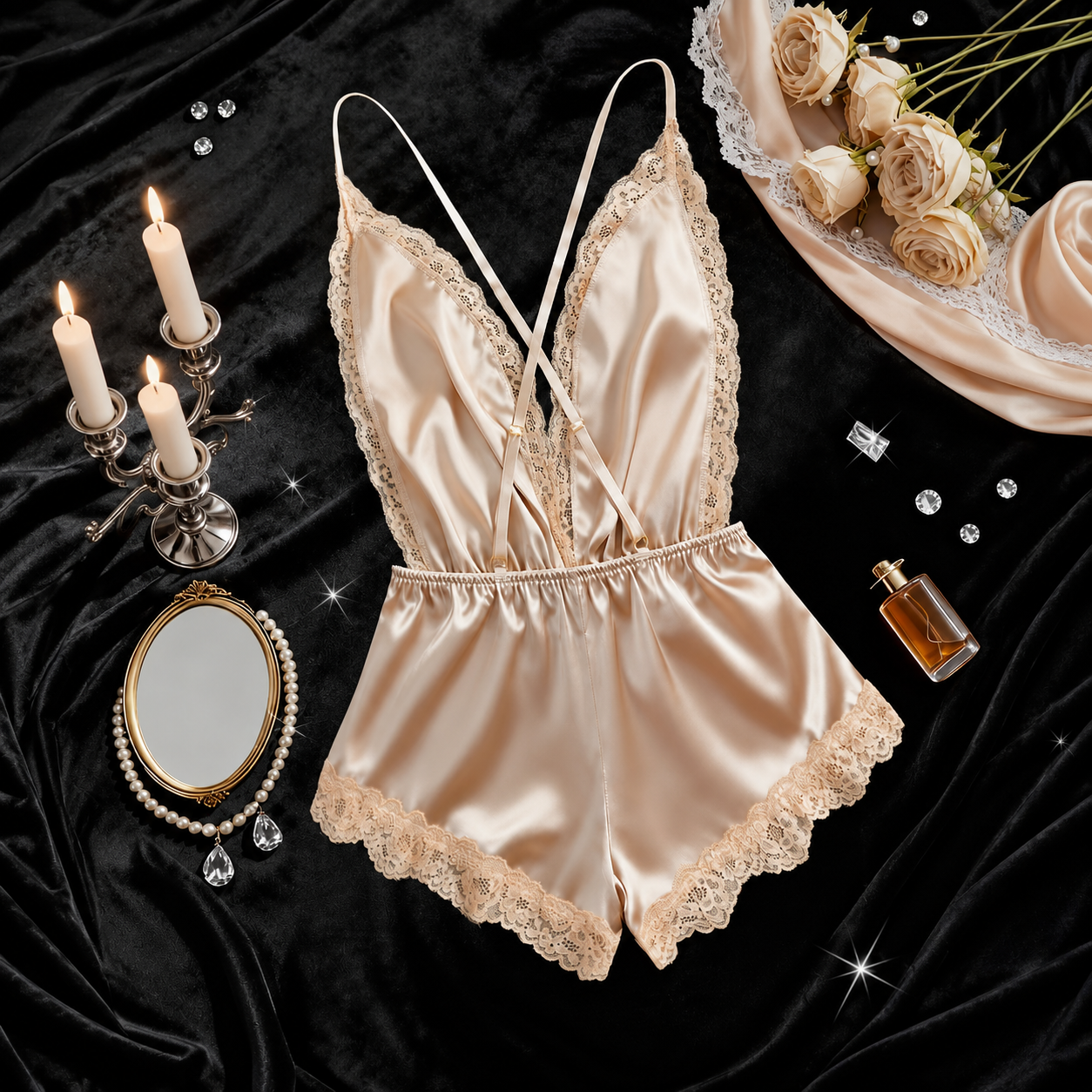  Contrast Lace Backless Jumpsuit Nightwear For Women
