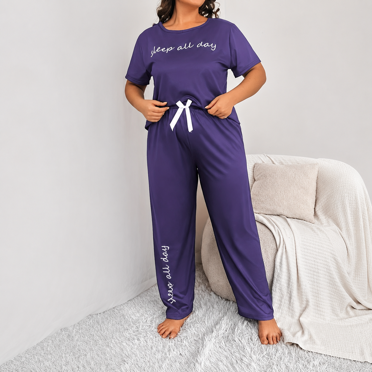 Solid Colored Text Printed Top And Bow Front Drawstring Pants Set