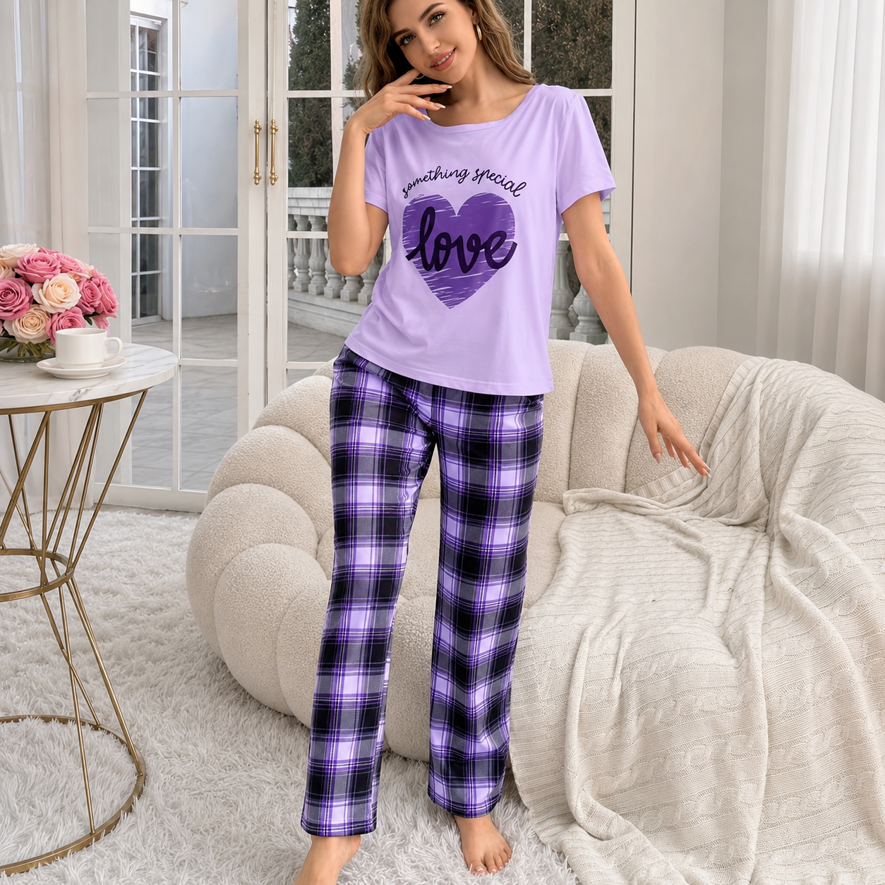 Casual Plaid Contrast Short Sleeve Comfy Pajama Set