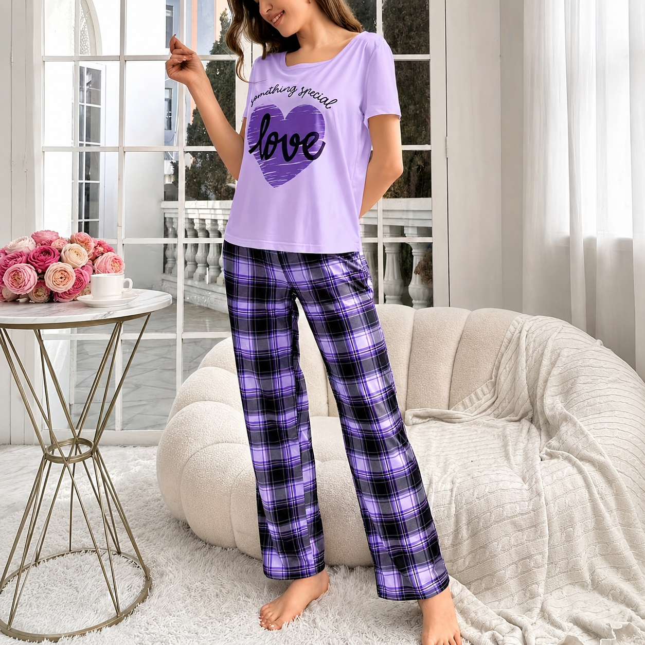 Casual Plaid Contrast Short Sleeve Comfy Pajama Set